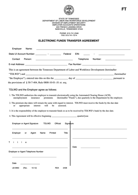 Fillable Form Lb-0963 - Electronic Funds Transfer Agreement Printable pdf