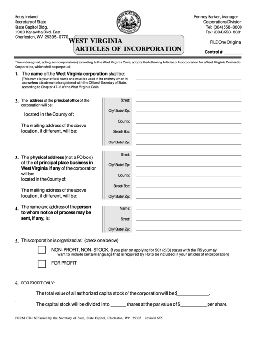 Fillable Form Cd-1np - West Virginia Articles Of Incorporation Printable pdf