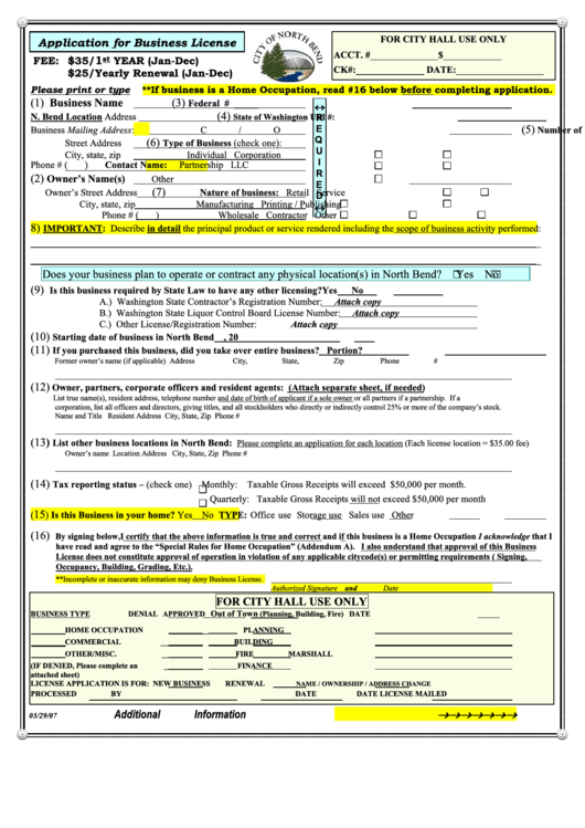 Application For Business License Form - City Of North Bend Printable pdf