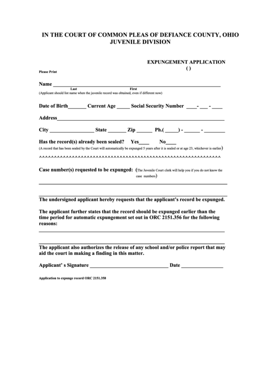 Fillable Application For Expungement Form Printable pdf