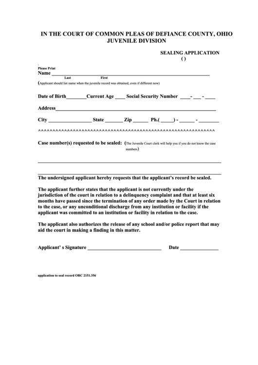 Fillable Sealing Application Form - Defiance County Court Of Common Pleas Printable pdf