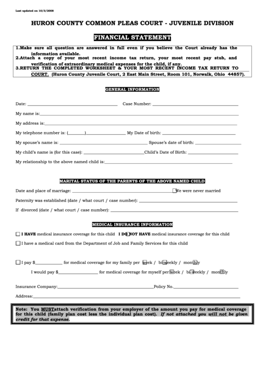 Fillable Financial Statement Template 2008 Printable pdf