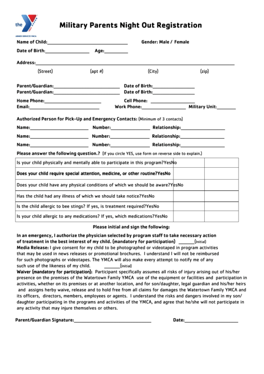 Military Parents Night Out Registration Form Printable pdf