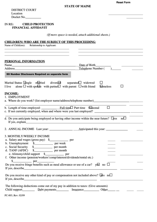 Fillable Form Pc-003 - Child Protection Financial Affidavit 2009 Printable pdf