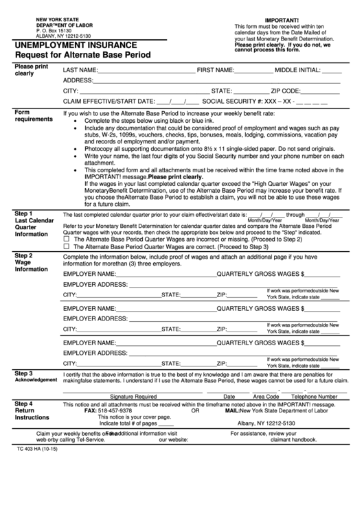 Form Tc 403 Ha - Unemployment Insurance Request For Alternate Base Period Printable pdf