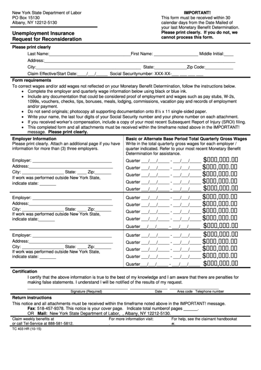 Form Tc 403 Hr - Unemployment Insurance Request For Reconsideration Printable pdf