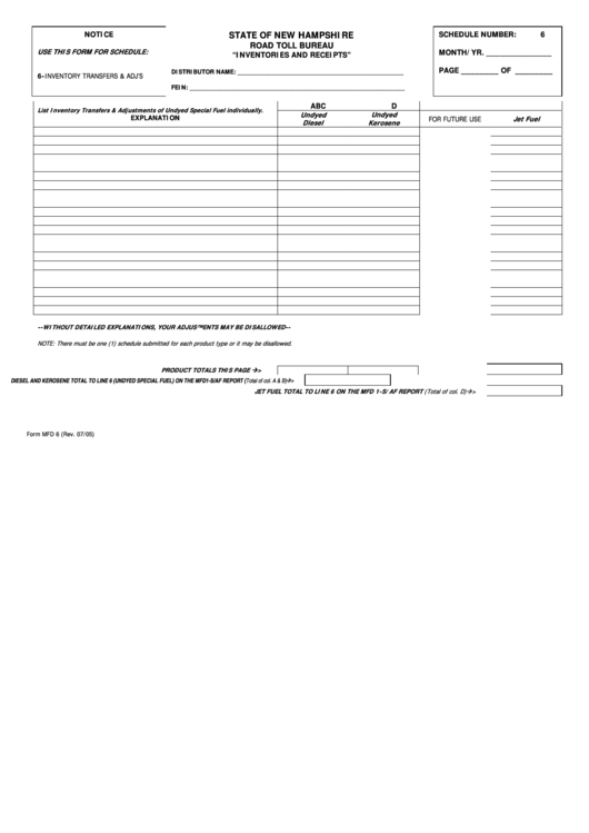 Form Mfd 6 - Inventories And Receipts - Departament Of Safety Road Toll Bureau, State Of New Hampshire Printable pdf