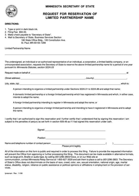 Request For Reservation Of Limited Partnership Name Form - Minnesota Secretary Of State Printable pdf