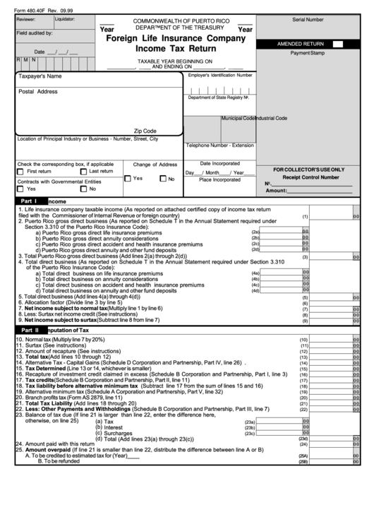 Form 480.40f - Foreign Life Insurance Company Income Tax Return Printable pdf