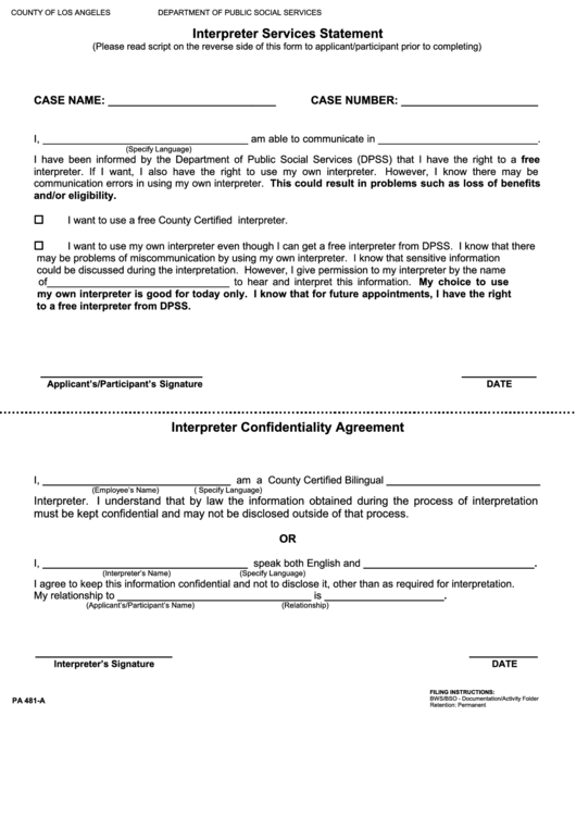 Interpreter Services Statement Form Printable pdf