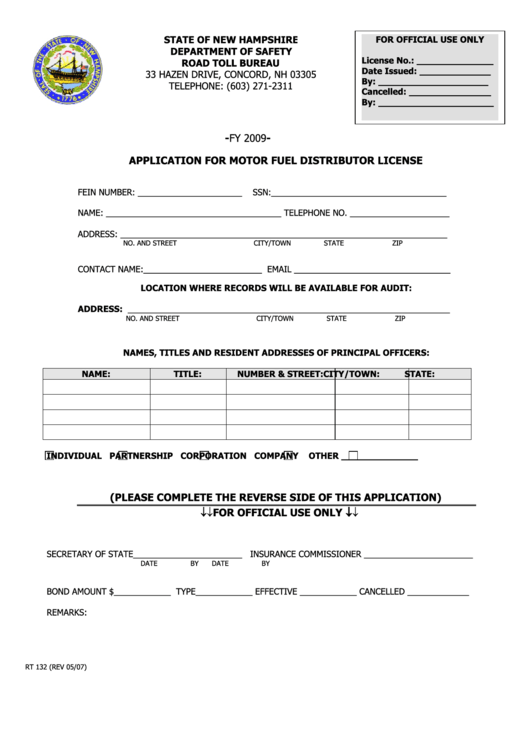 Form Rt 132 - Application For Motor Fuel Distributor License - Nh Road Toll Bureau - Fy2009 Printable pdf
