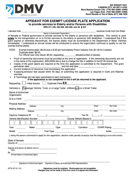 Fillable Form Sp79 - Affidavit For Exempt License Plate Application Printable pdf