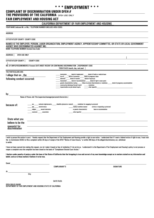 Eligibility Complaint Of Discrimination Under The Provisions Of The California Fair Employment And Housing Act Template- California Department Of Fair Employment And Housing Printable pdf