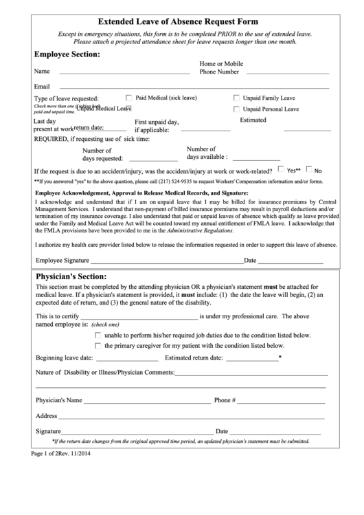 Fillable Extended Leave Of Absence Request Form Printable pdf