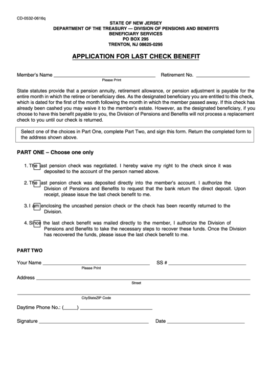 Form Cd-0532-0616q Application For Last Check Benefit Printable pdf