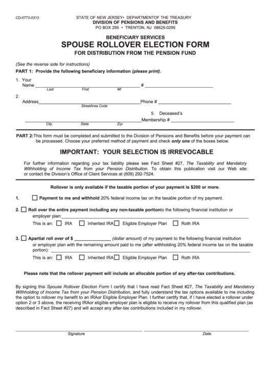 Cd-0773-0313 Spouse Rollover Election Form For Distribution From The Pension Fund Printable pdf
