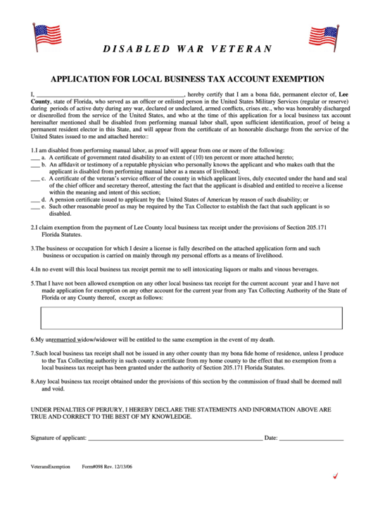 Fillable Application For Local Business Tax Account Exemption Form - Disabled War Veteran Printable pdf