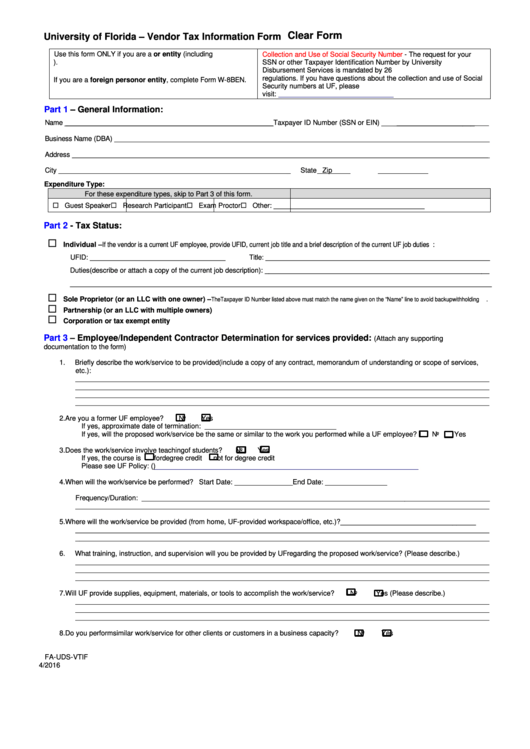 University Of Florida - Vendor Tax Information Form - 2016