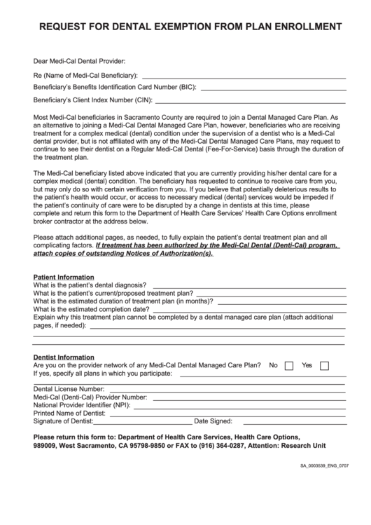 Fillable Request For Dental Exemption From Plan Enrollment Form Printable pdf