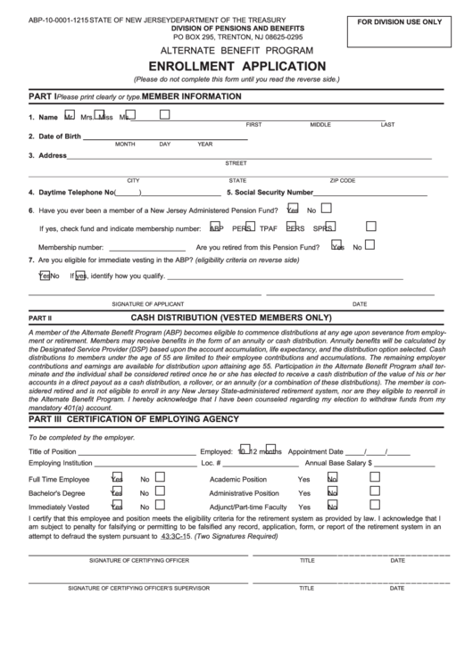 Enrollment Application Form - New Jersey Department Of The Treasury ...