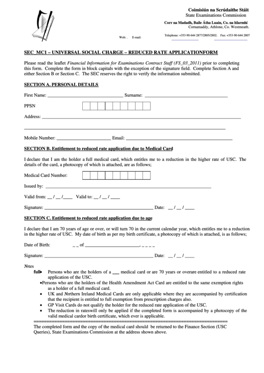 Sec_mc1 Universal Social Charge Reduced Rate Application Form - State Examinations Commission Printable pdf