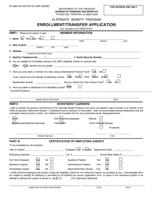 Form Fp-0867-0215 Alternate Benefit Program Enrollment/transfer Application Printable pdf