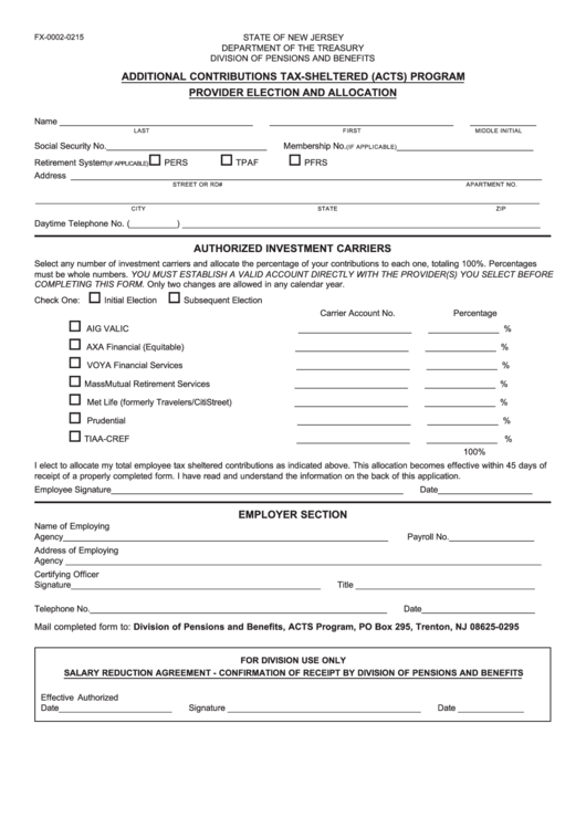 Form Fx-0002-0215 Additional Contributions Tax-Sheltered (Acts) Program Provider Election And Allocation Printable pdf