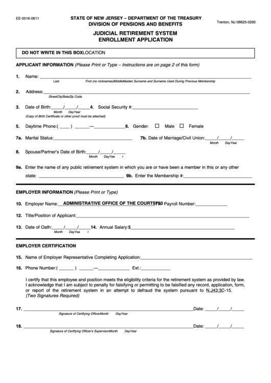 Form Ee-0516-0611 Judicial Retirement System Enrollment Application Printable pdf