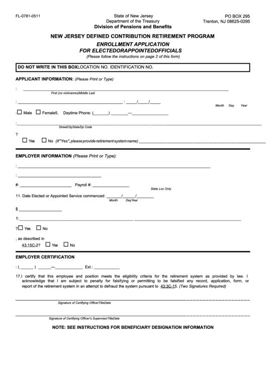 Form Fl-0781-0511 Nj Dcrp Enrollment Application Printable pdf