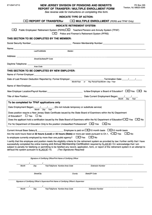 Et-0547-0713 Report Of Transfer / Multiple Enrollment Form Printable pdf