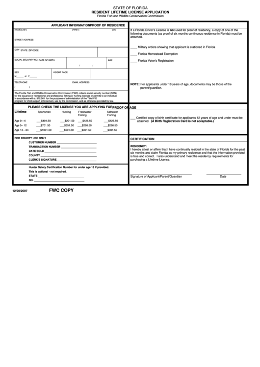 Resident Lifetime License Application Form - Florida Fish And Wildlife Conservation Commission Printable pdf