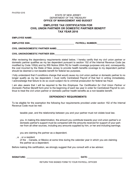 Form Fh-0703-1215 - Employee Tax Certification For Civil(Union Partner Or Domestic Partner Benefit Printable pdf