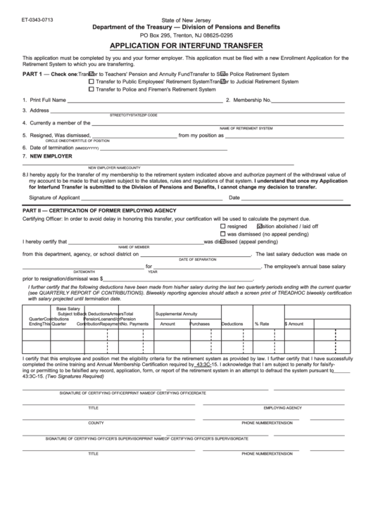 Form Et-0343-0713 Application For Interfund Transfer Printable pdf