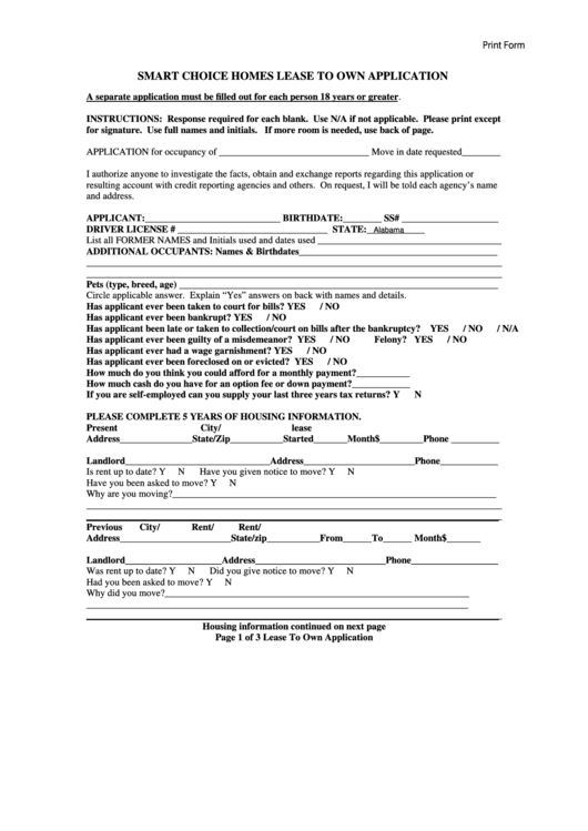 Fillable Smart Choice Homes Lease To Own Application Form Printable pdf