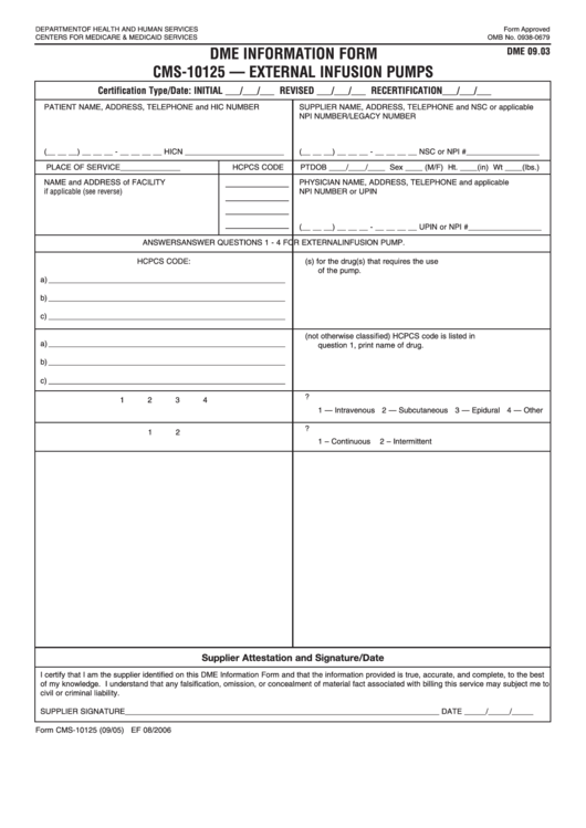 Form Cms-10125 Dme Information Form Cms-10125 - External Infusion Pumps Printable pdf