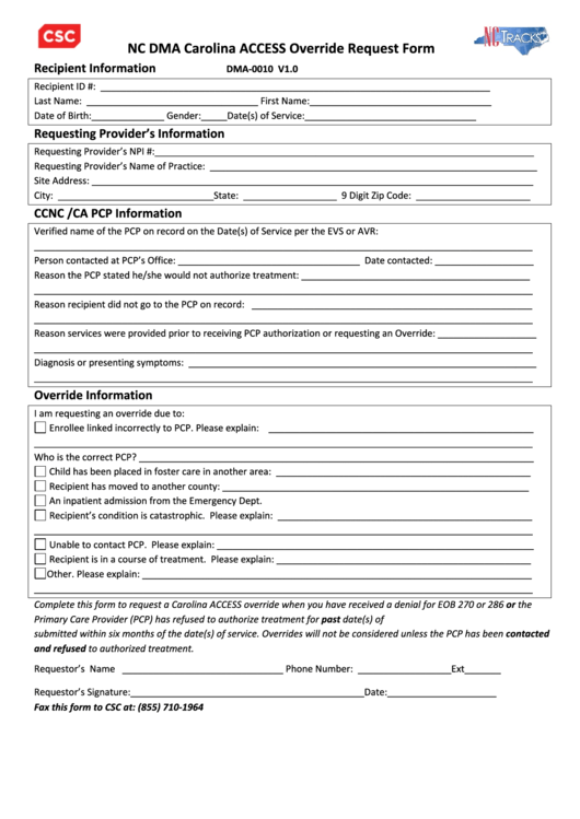 Nc Dma Carolina Access Override Request Form Printable pdf