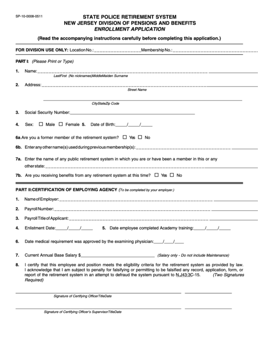 Form Sp-10-0008-0511 Enrollment Application Printable pdf