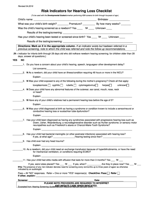 Risk Indicators For Hearing Loss Checklist Form Printable pdf