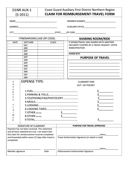 Claim For Reimbursement - Travel Form - Coast Guard Auxiliary First District Northern Region Printable pdf
