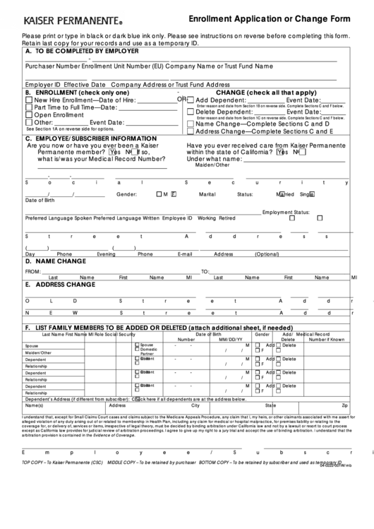 Enrollment Application Or Change Form printable pdf download