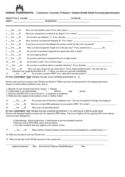 Contractors / Security/ Volunteer / Student Health Initial Screening Questionnaire Form Printable pdf