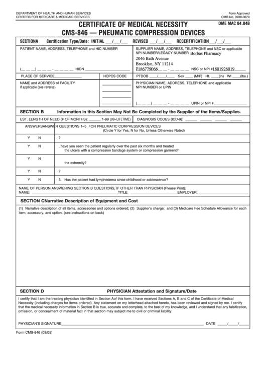 Form Cms-846 Certificate Of Medical Necessity Cms-846 - Pneumatic Compression Devices