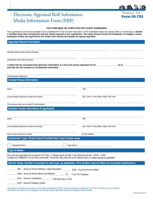 Fillable Form 50-792 - Electronic Appraisal Roll Submission Media Information Printable pdf