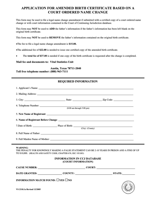 Application For Amended Birth Certificate Based On A Court Ordered Name Change Form Printable pdf