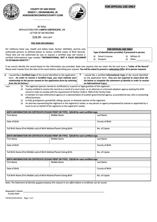 Fillable Form V01m - Application For A Birth Certificate, Or Letter Of No Record - 2016 Printable pdf