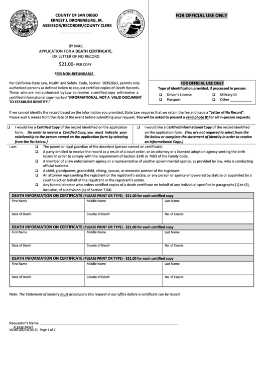 Fillable Form V03m - Application For A Death Certificate Or Letter Of No Record - 2015 Printable pdf