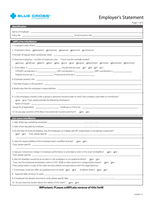 Employer's Statement Form