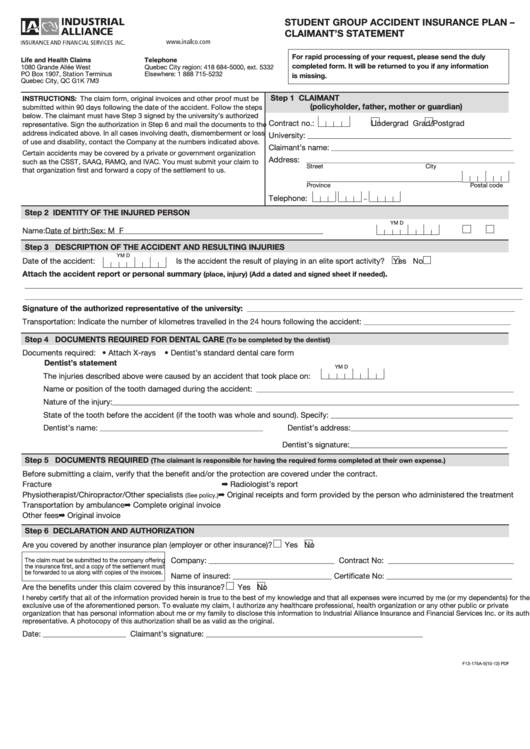 Student Group Accident Insurance Plan Form- Claimant