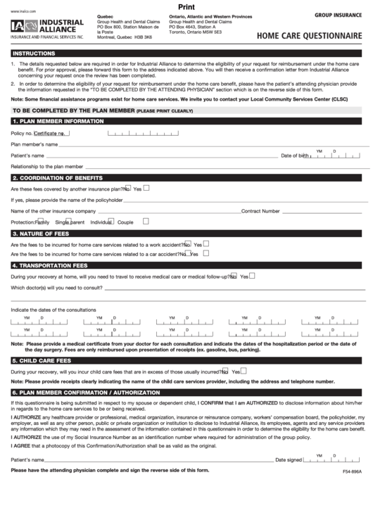 Fillable Home Care Questionnaire Printable pdf