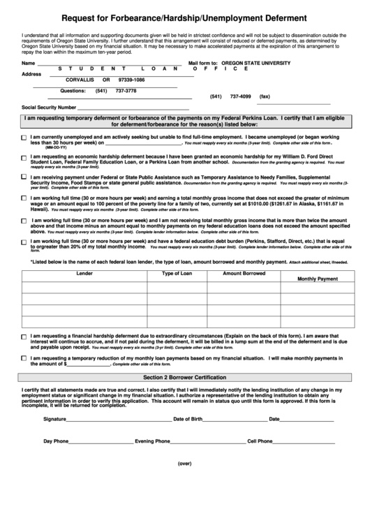 Request For Forbearance/hardship/unemployment Deferment Form Printable pdf